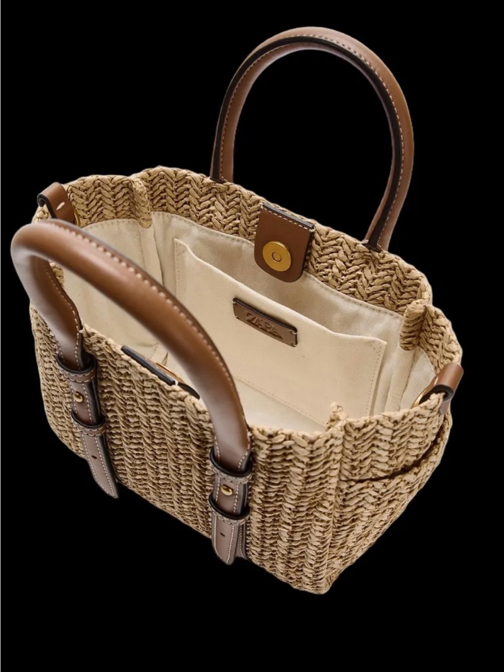 Zara Crossbody Woven Straw Tote Bag with Brown Faux Leather Handles NWT - Picture 4 of 7